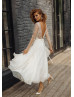 Gold Lace Ivory Tulle Tea Length Wedding Dress